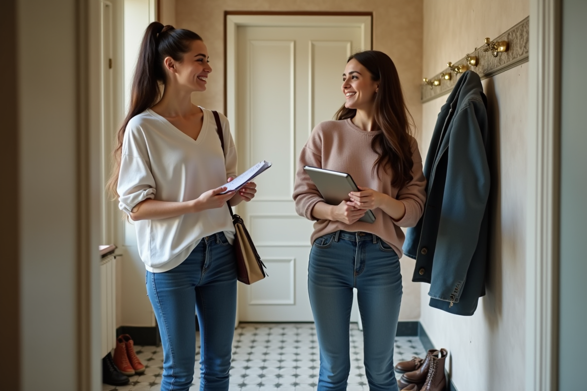Deux jeunes femmes souriantes dans un couloir d appartement