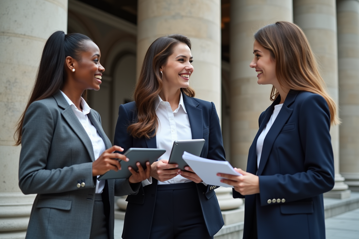 Femmes professionnelles devant une banque historique