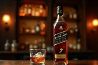 Bouteille de Johnnie Walker Black Label posée sur un bar en chêne avec un verre de whisky et un glaçon