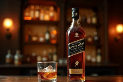 Bouteille de Johnnie Walker Black Label posée sur un bar en chêne avec un verre de whisky et un glaçon