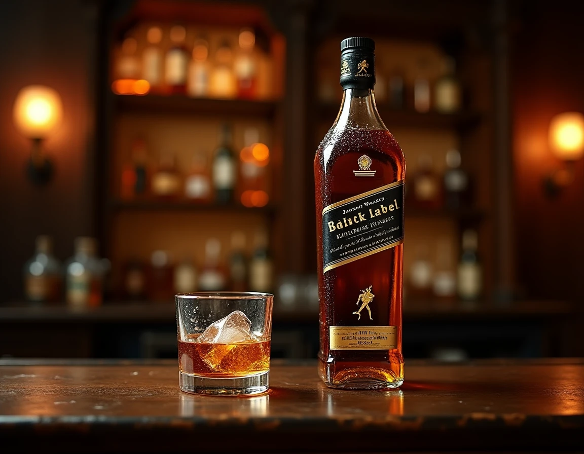 Bouteille de Johnnie Walker Black Label posée sur un bar en chêne avec un verre de whisky et un glaçon