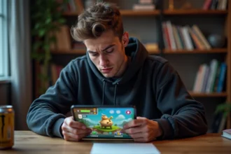 Joueur analysant les achats intégrés d'un jeu mobile sur tablette, illustrant le débat pay to win