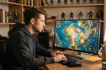 Joueur de Dofus en mono-compte concentré sur une carte de portails MMORPG sur son écran de gaming