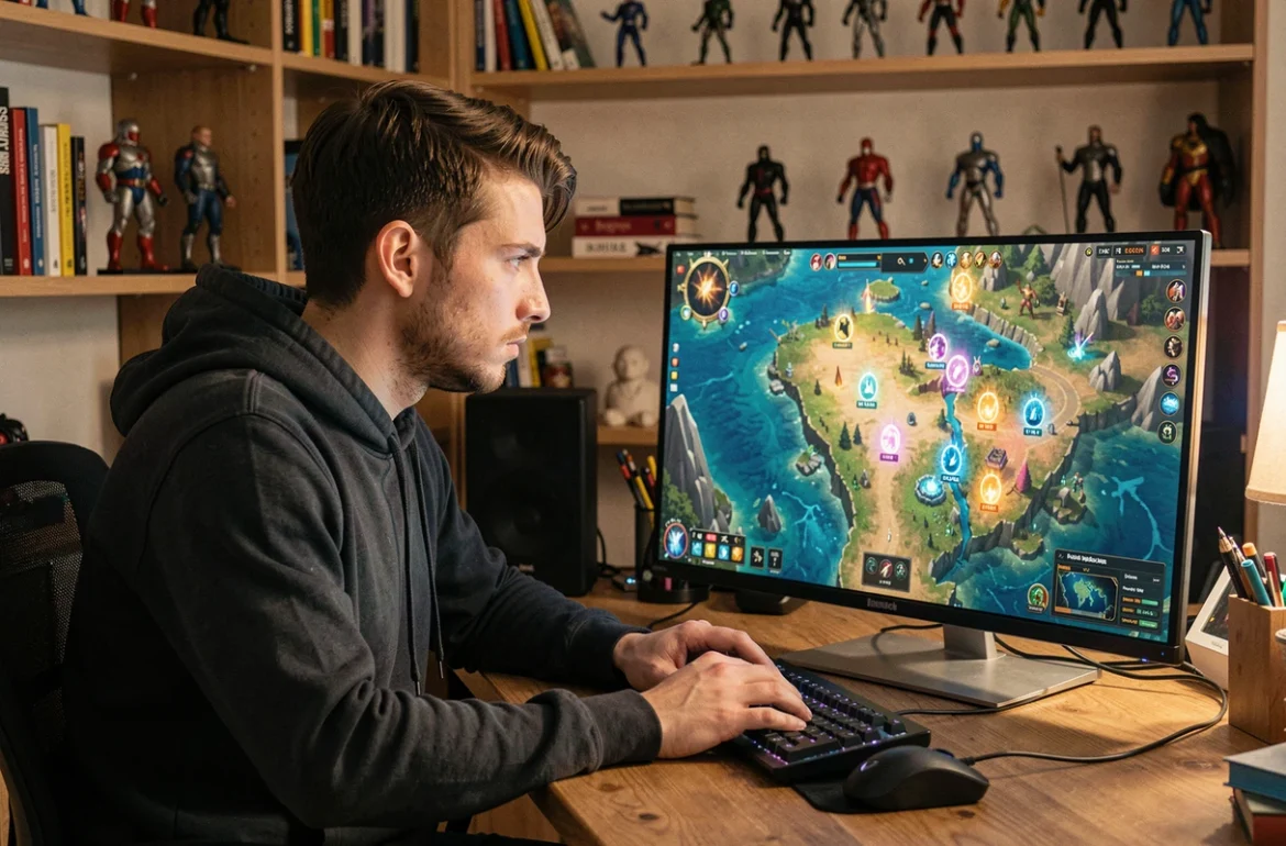 Joueur de Dofus en mono-compte concentré sur une carte de portails MMORPG sur son écran de gaming