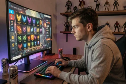 Joueur de jeu vidéo MMORPG concentré sur son écran d'ordinateur avec interface de jeu Dofus affichant des ressources et des plumes de personnage
