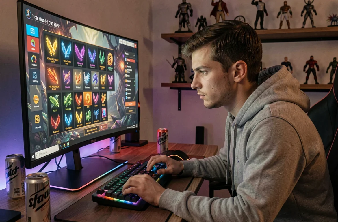 Joueur de jeu vidéo MMORPG concentré sur son écran d'ordinateur avec interface de jeu Dofus affichant des ressources et des plumes de personnage