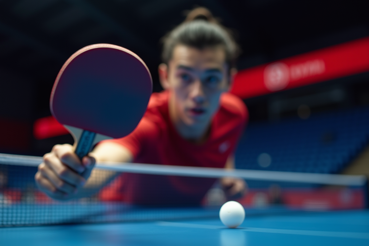 Joueur de tennis de table en action avec raquette et balle en mouvement