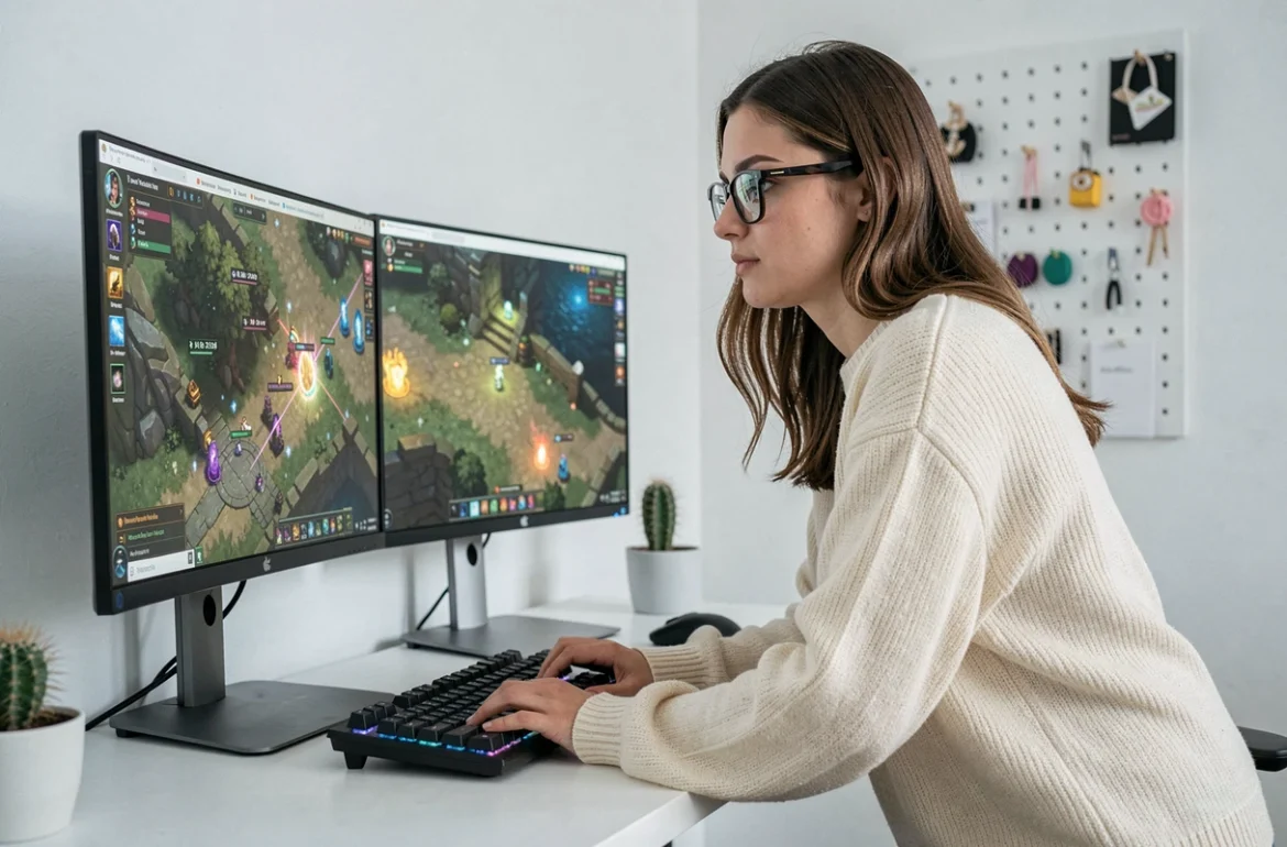 Joueuse adulte analysant les coordonnées de portails Dofus sur deux écrans en home office minimaliste