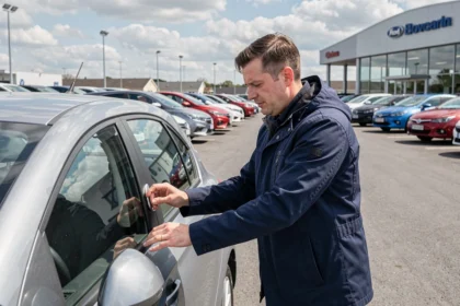 Journaliste automobile analysant la qualité de finition d'une berline compacte dans un parc de concessionnaire automobile