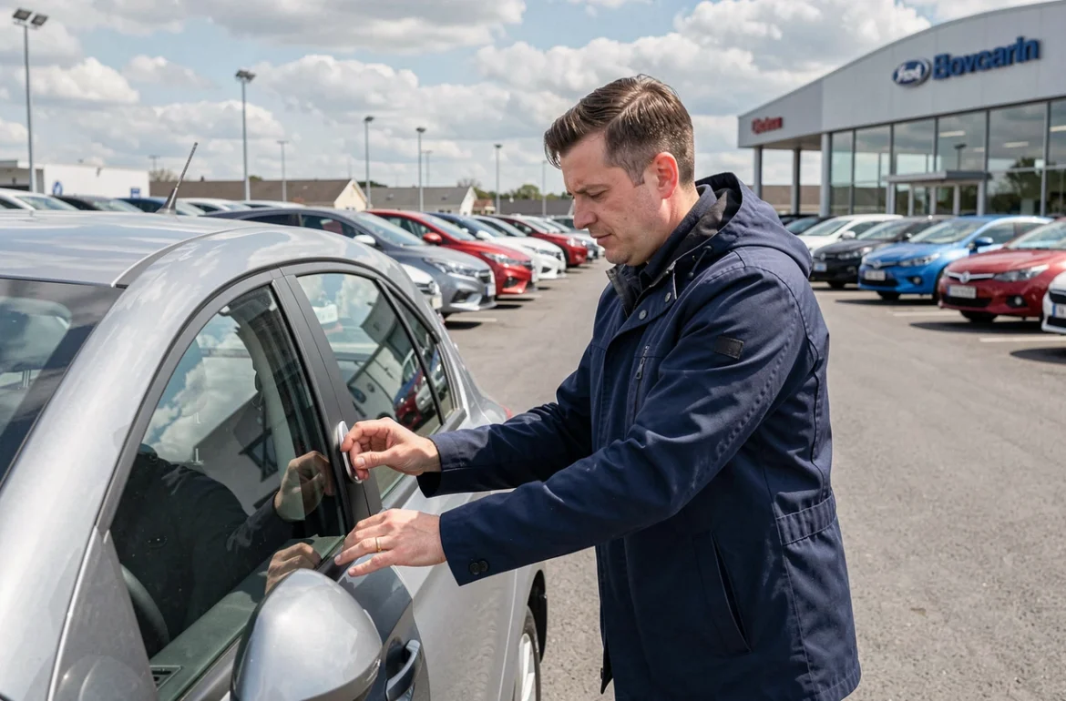 Journaliste automobile analysant la qualité de finition d'une berline compacte dans un parc de concessionnaire automobile