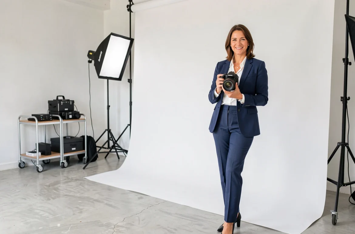 Karina M. dans son studio de photographie Photo Studio Sud à Sainte-Maxime, devant un fond blanc professionnel