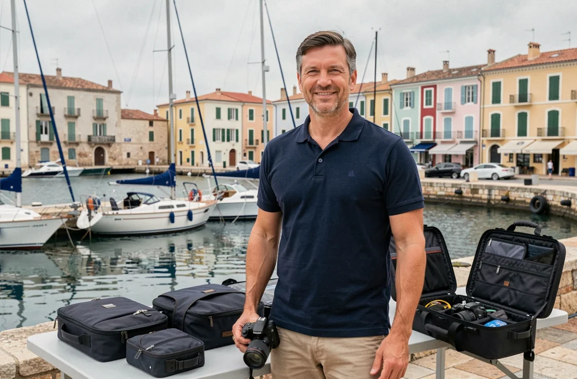 Label Ancre, photographe polyvalent à Toulon, devant le port avec son matériel photo professionnel
