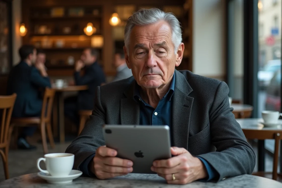 Homme en costume lisant une biographie Wikipedia sur tablette dans un café parisien, s'interrogeant sur les informations publiées sur Olivier Benkemoun