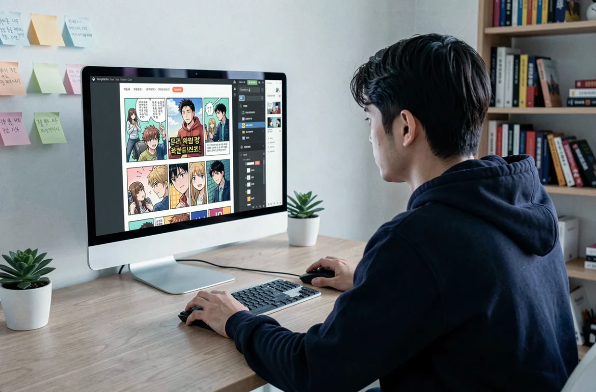 Jeune homme consultant un webtoon sur ordinateur de bureau, représentant la lecture de scans manhwa en ligne sur epsilonscan FR
