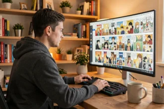 Jeune homme lisant des webtoons sur un grand écran PC dans un bureau home office confortable