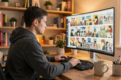 Jeune homme lisant des webtoons sur un grand écran PC dans un bureau home office confortable