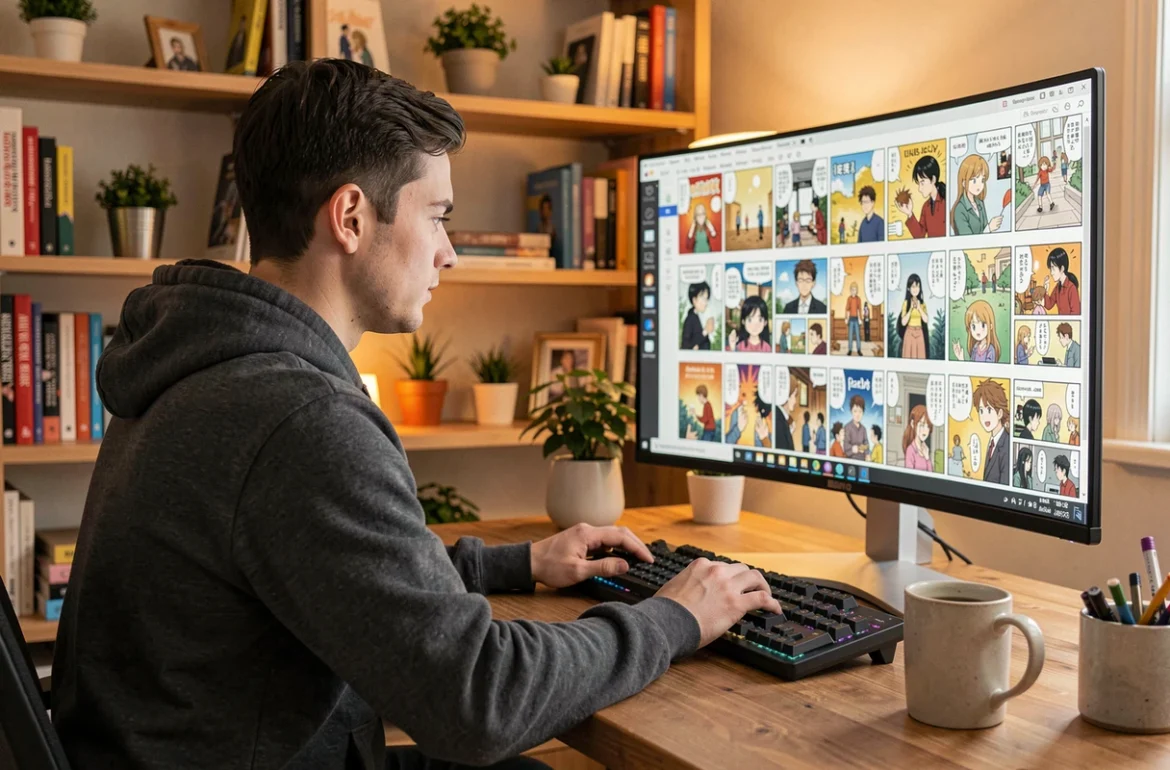 Jeune homme lisant des webtoons sur un grand écran PC dans un bureau home office confortable