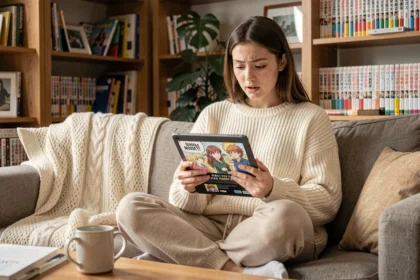 Jeune femme lisant un webtoon sur tablette dans son salon, illustrant la lecture de scans en ligne sur epsilonscan FR