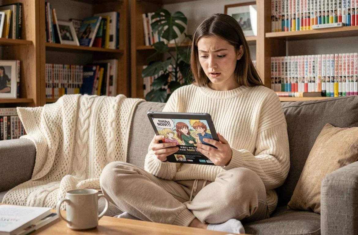 Jeune femme lisant un webtoon sur tablette dans son salon, illustrant la lecture de scans en ligne sur epsilonscan FR