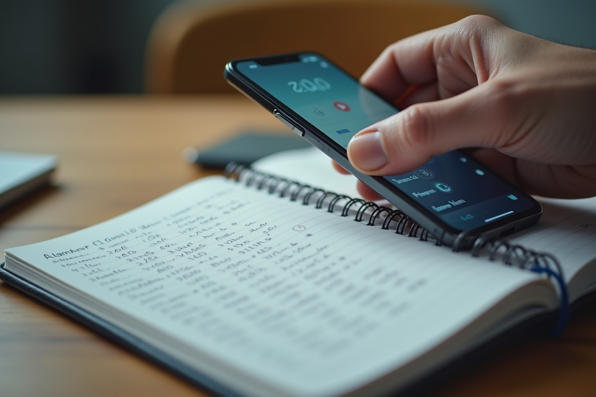 Gros plan sur une main tenant un téléphone avec un carnet de notes à côté