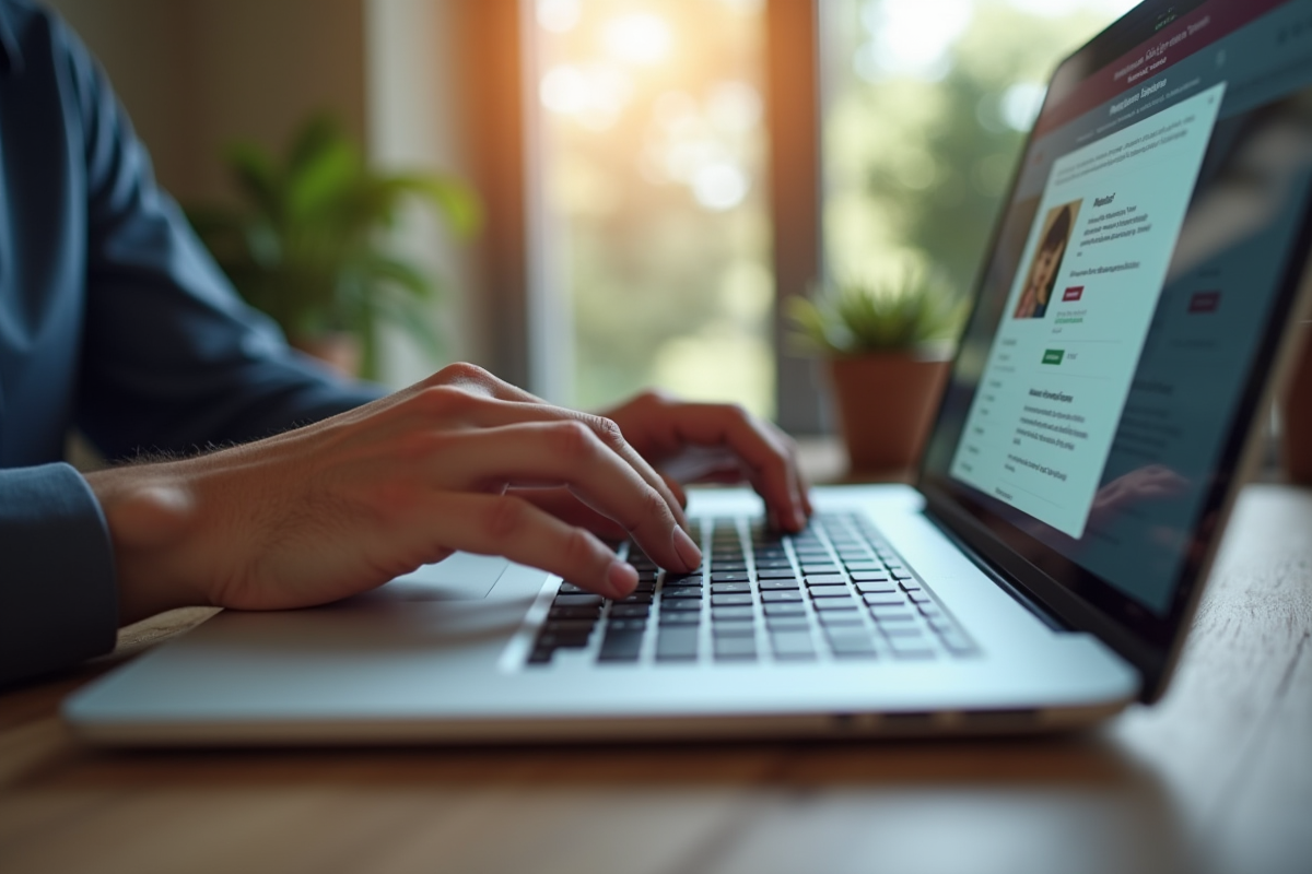 Mains tapant sur un clavier de laptop avec une page de profil visible