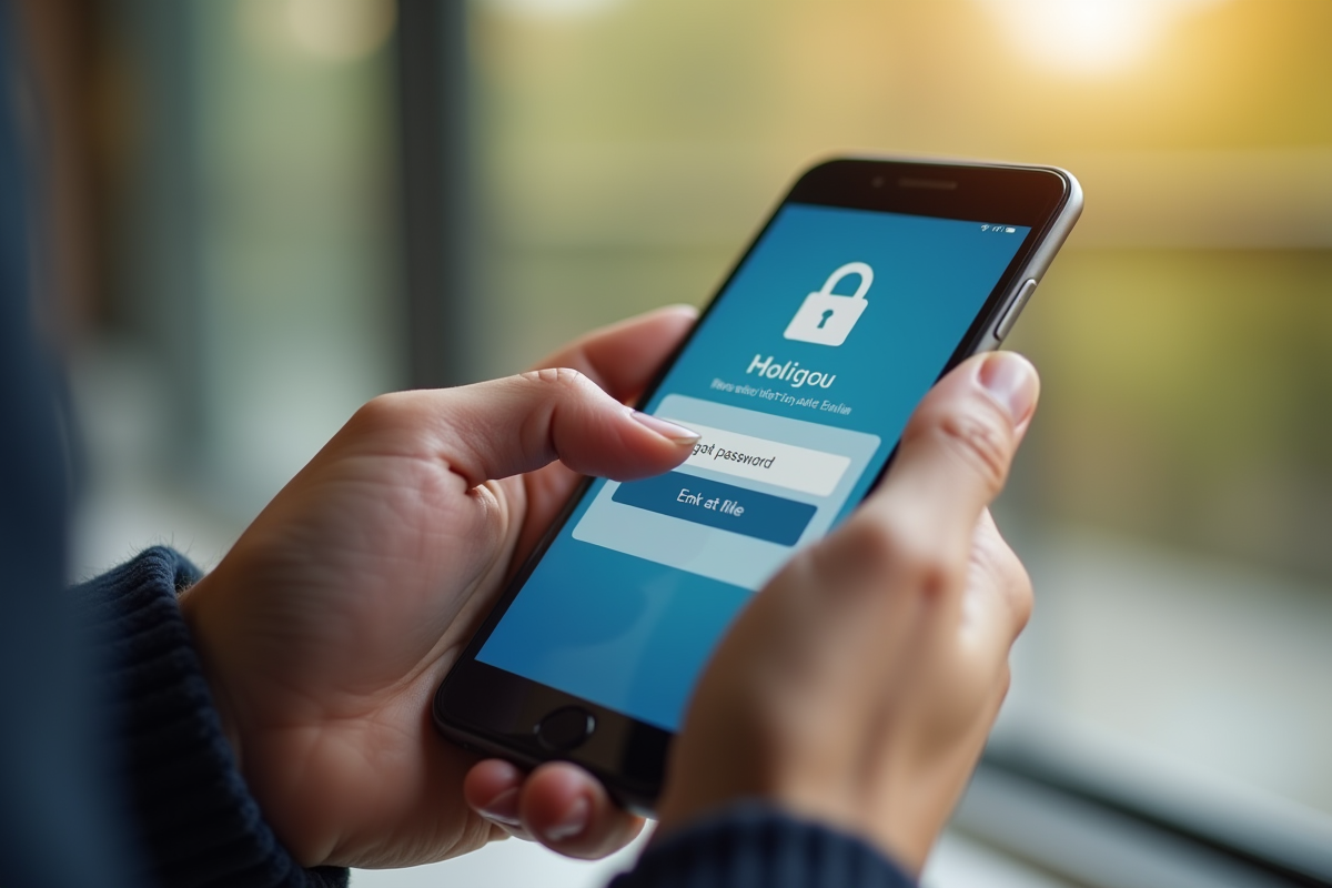 Mains tenant un smartphone avec lien mot de passe oublié