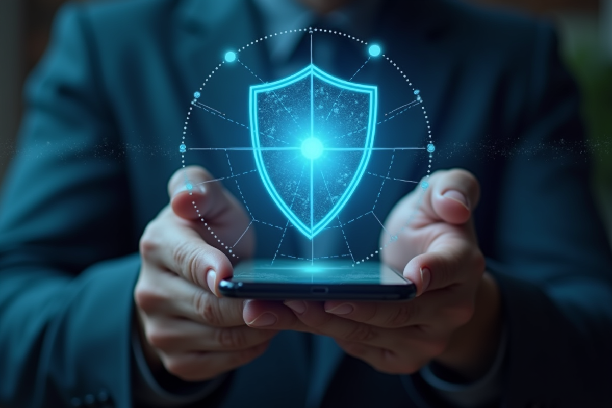 Mains tenant un smartphone avec un hologramme de bouclier de securite