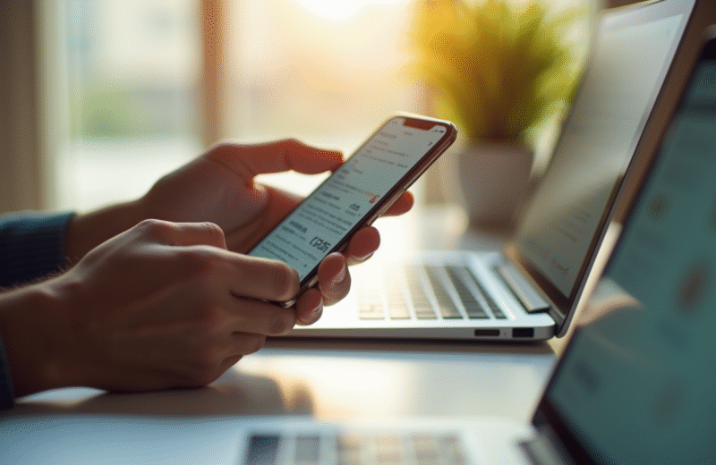 Mains tenant un smartphone avec interface email moderne