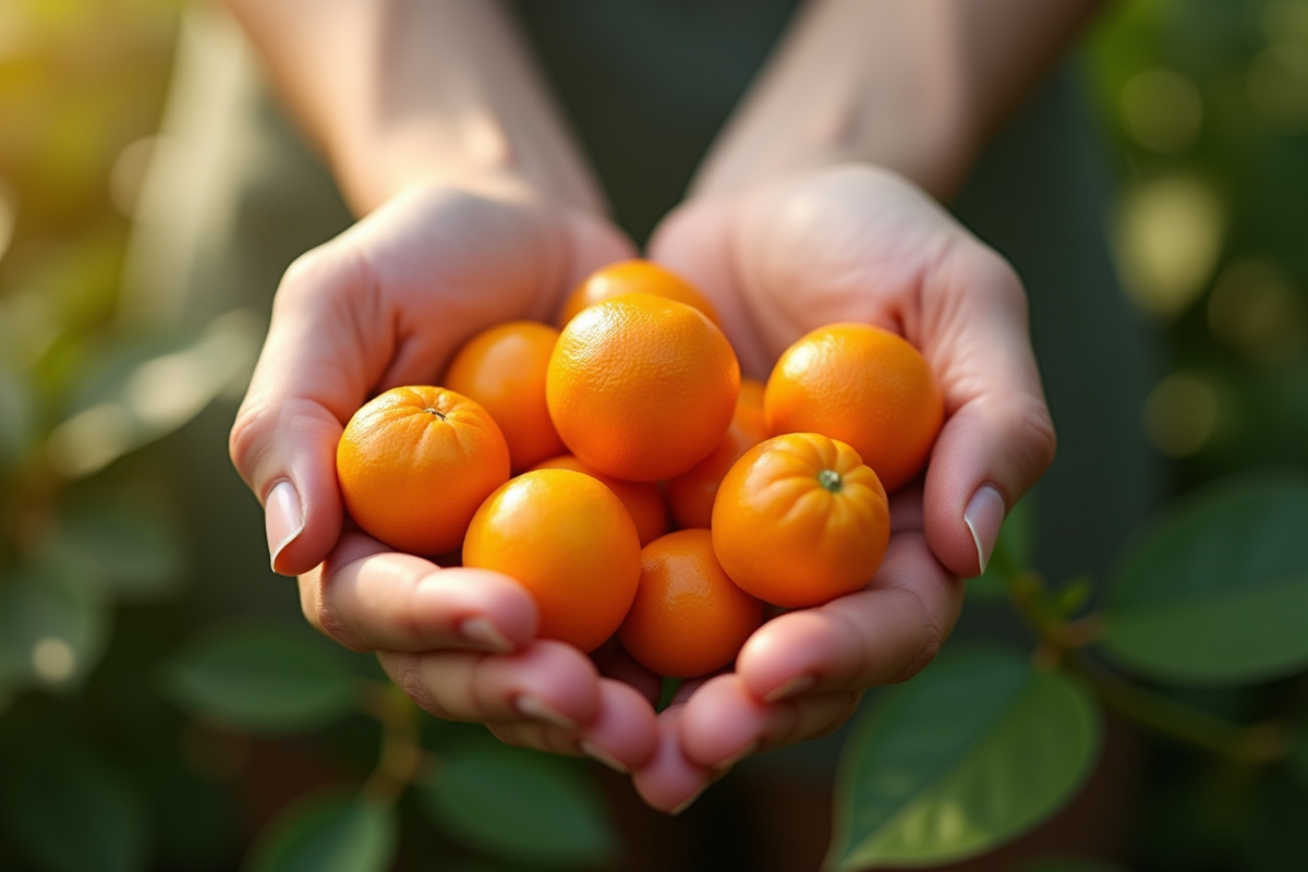 Mains tenant des kumquats et oranges en plein air