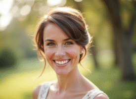Mariée souriante aux cheveux courts en extérieur