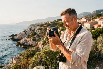 Un photographe professionnel travaillant en extérieur dans le Var, appareil photo en main face au paysage méditerranéen
