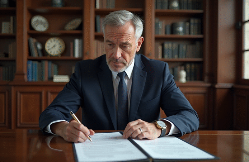 Notaire en costume examinant des documents officiels dans son bureau
