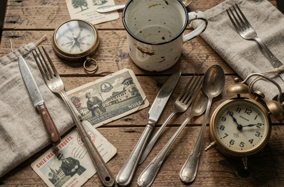 Objets vintage et curiosités étalés sur une table de vide-grenier dans le département 59