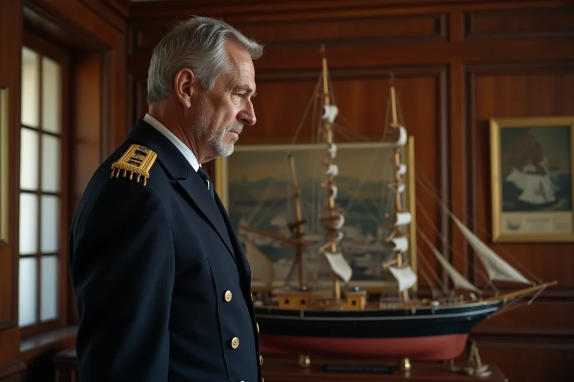 Officier naval français en uniforme ancien regardant un modèle de navire