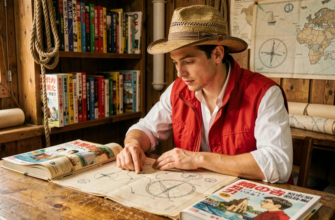 Jeune homme passionné de manga One Piece étudiant des cartes de navigation et des volumes récents dans une cabine de bateau rustique