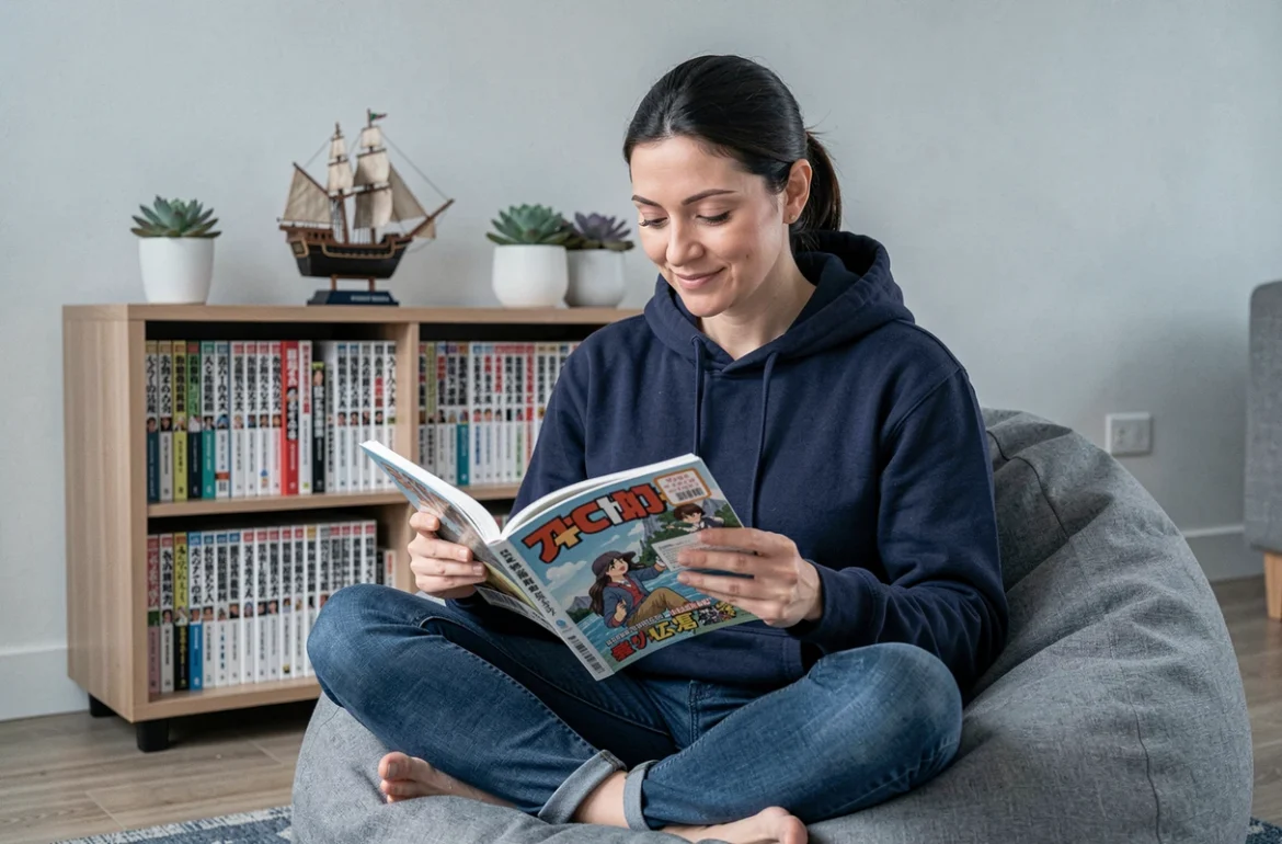 Femme lisant un volume récent de One Piece dans un salon moderne entouré d'une collection de mangas et figurines pirates