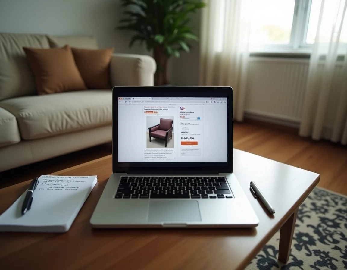 Ordinateur portable ouvert sur une table basse montrant une annonce frauduleuse avec un prix anormalement bas