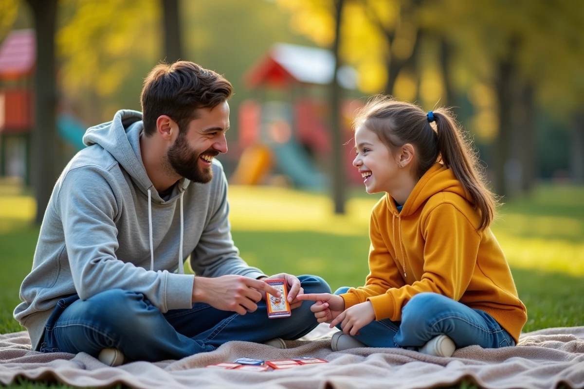 Père et fille jouant ensemble aux cartes dans un parc ensoleille