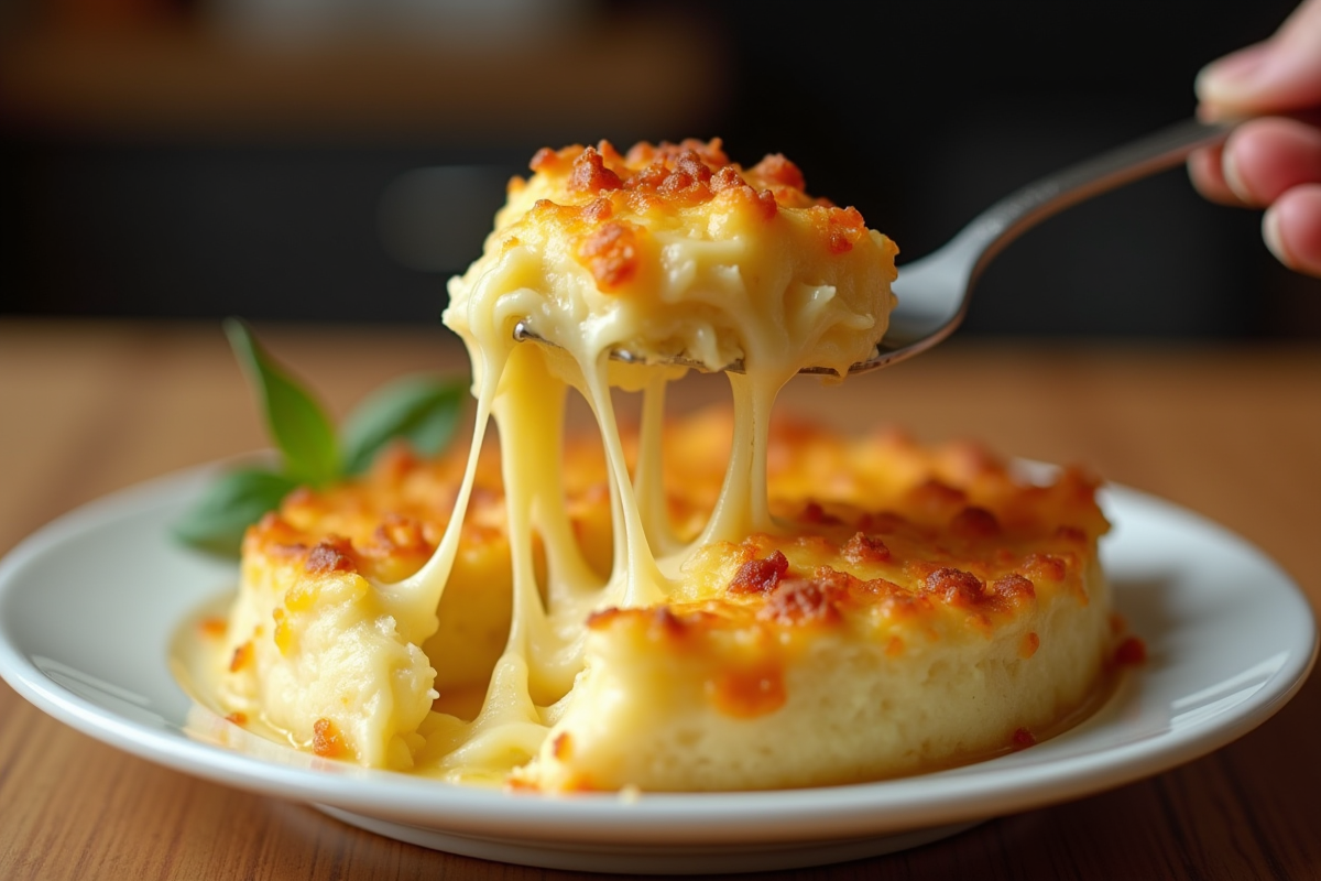 Partage de gratin dauphinois avec fourchette et couches crémeuses