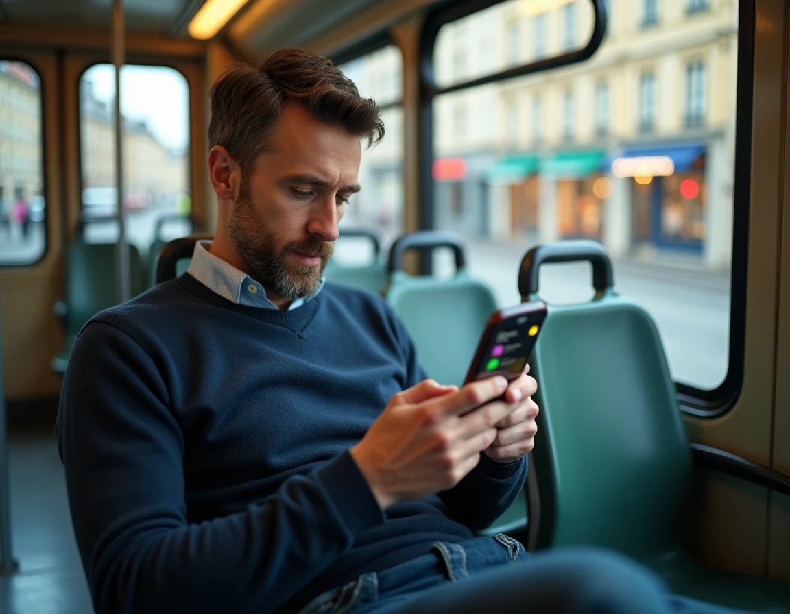 Passager dans le tramway de Nantes consultant une application de navigation sur son smartphone