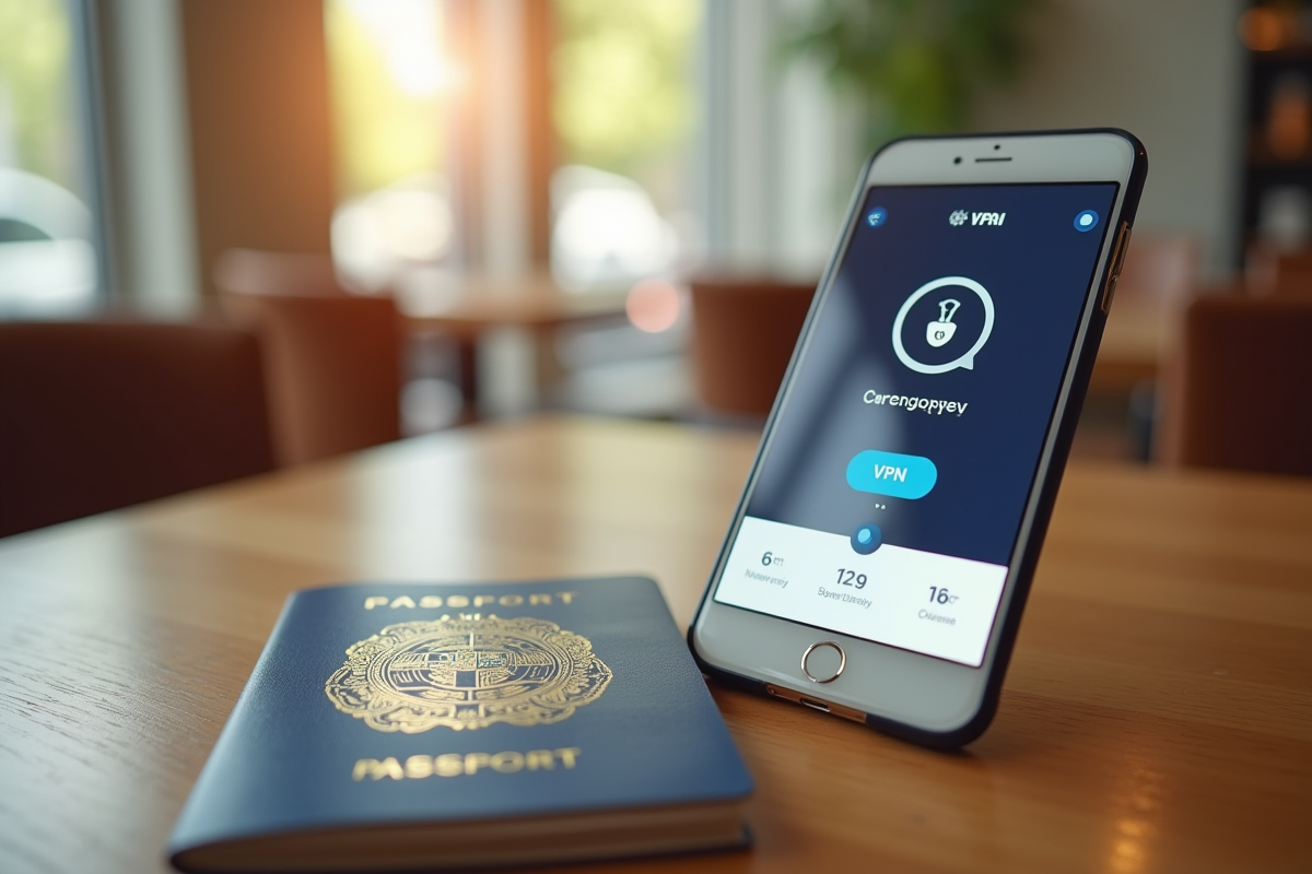 Passeport et smartphone avec VPN dans un café lumineux