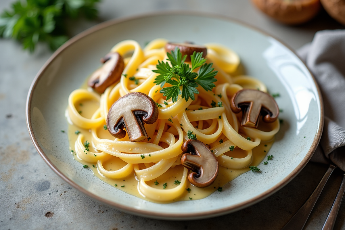 Assiette de pâtes crémeuses garnie de chanterelles et persil frais