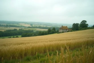Paysage agricole normand avec bocage, champs de blé et vergers de pommiers illustrant la superficie et la richesse territoriale de la Normandie