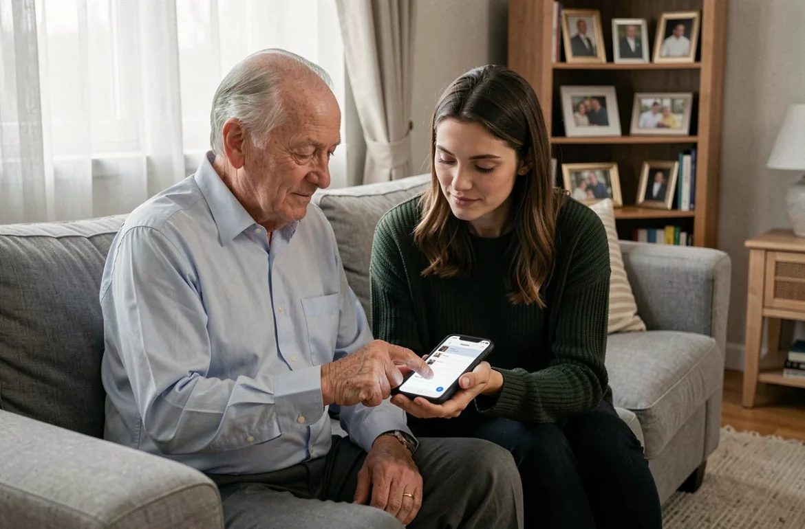 Un père âgé et sa fille découvrent ensemble un journal mémoriel numérique sur smartphone dans un salon familial paisible