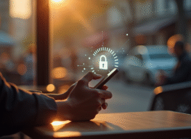Personne au café utilisant un smartphone avec cadenas digital