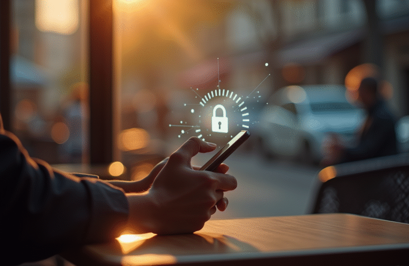 Personne au café utilisant un smartphone avec cadenas digital