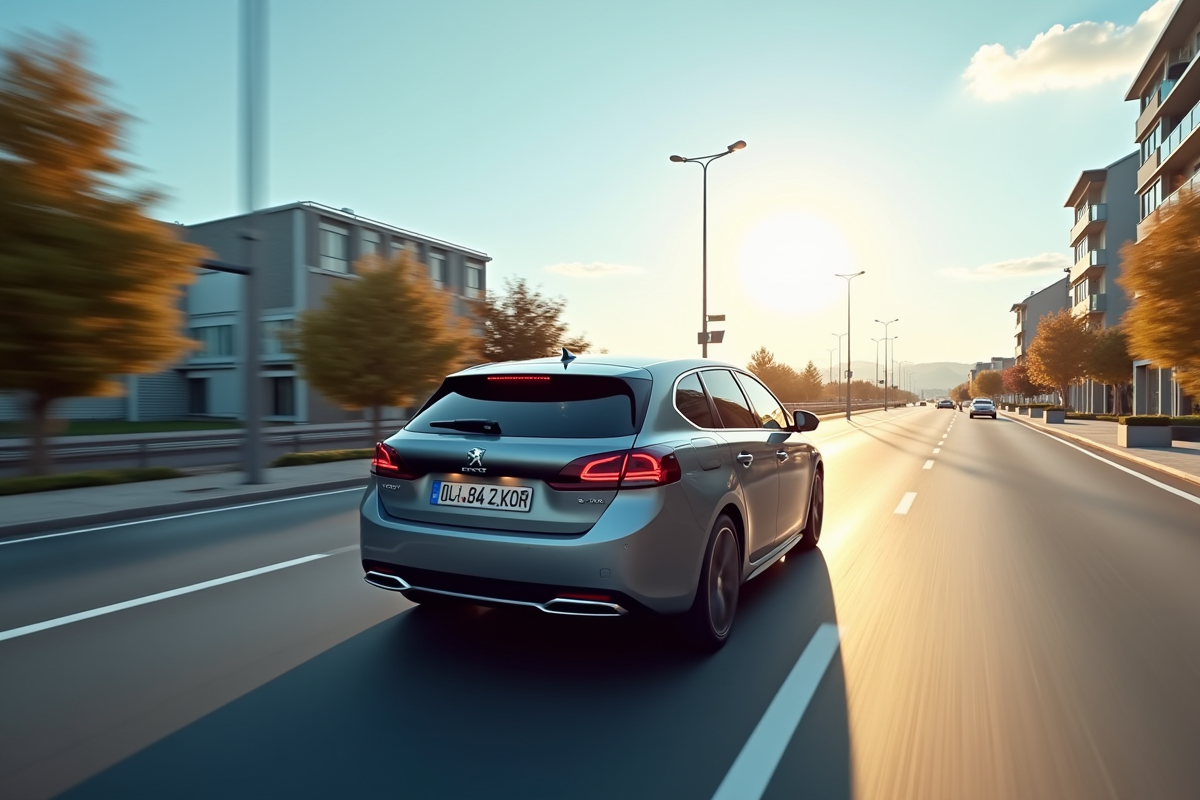 Peugeot 308 GT Line en mouvement sur une route urbaine en plein jour