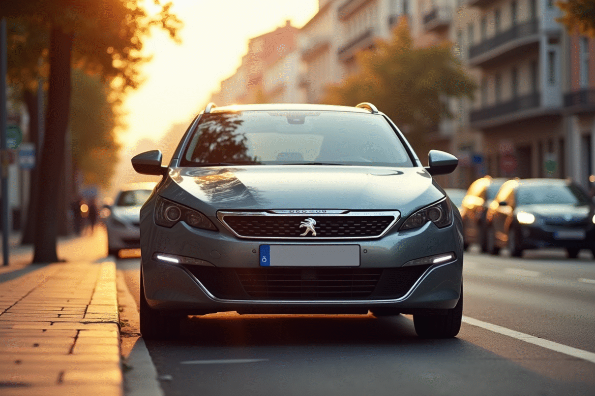 Peugeot 308 GT Line gris métallisé en ville au coucher du soleil