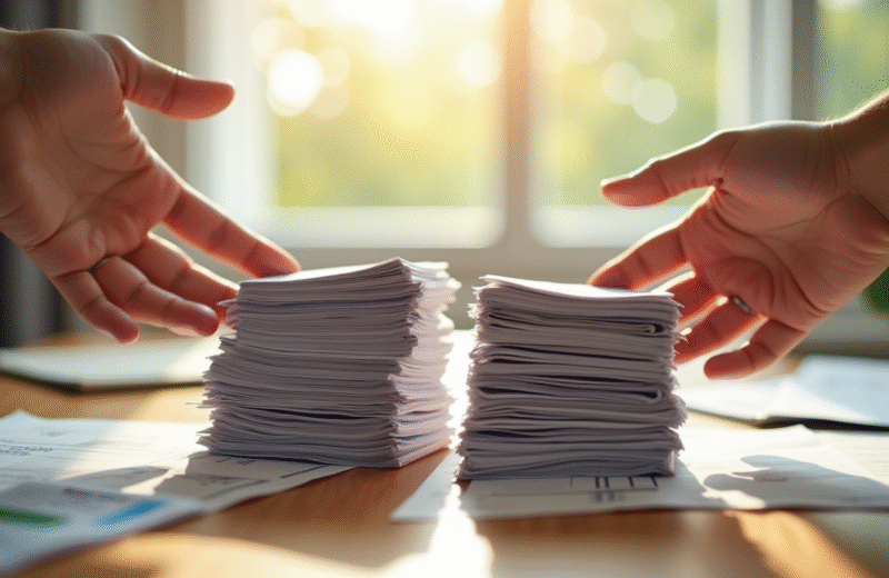 Pile de factures et relevés bancaires sur une table ensoleillée