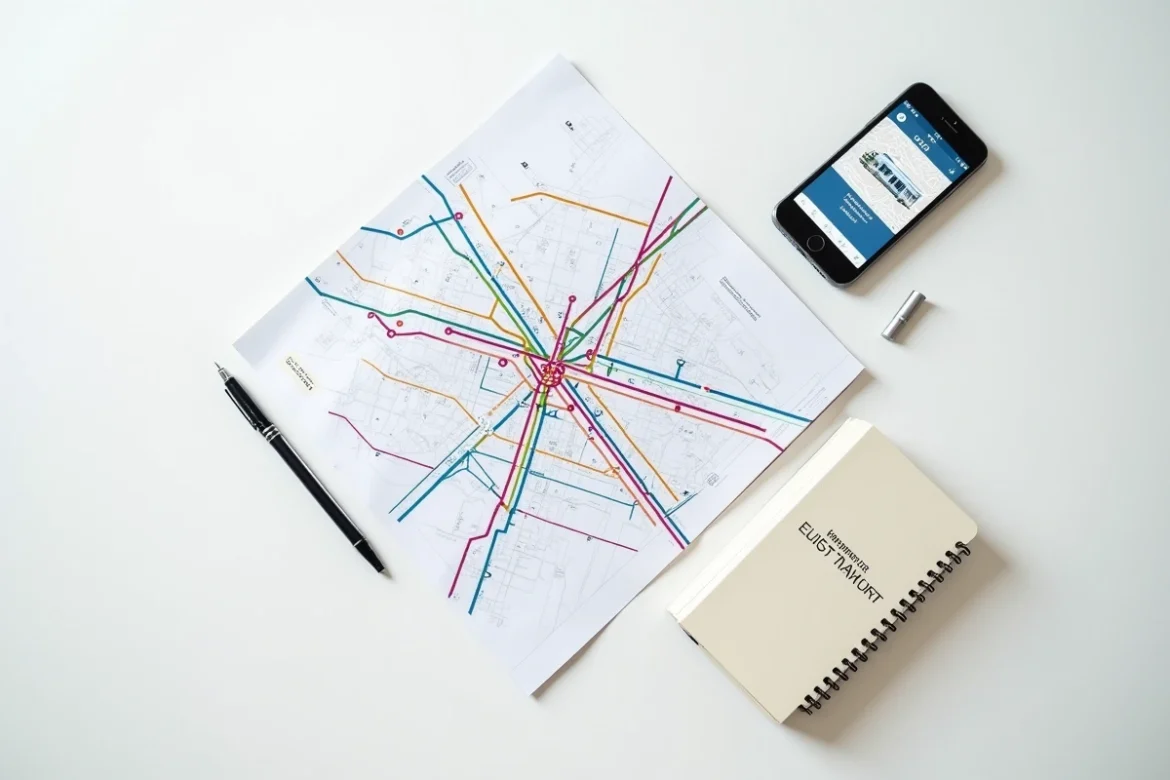 Plan imprimé du réseau de tramway de Bordeaux posé sur un bureau avec smartphone et notes manuscrites